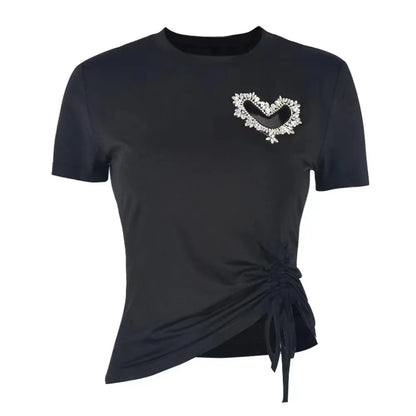 Women's T-Shirt Rhinestone Hollow Heart Drawstring T-Shirt Women Clothes Casual Short Sleeve O-neck