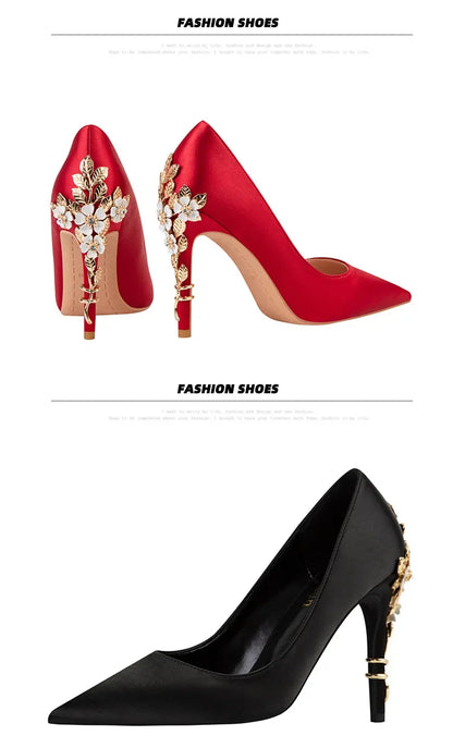 Women's Metal Flowers Stiletto High-heel Shoes Female  Light Luxury Wedding Shoes Pointed Toe