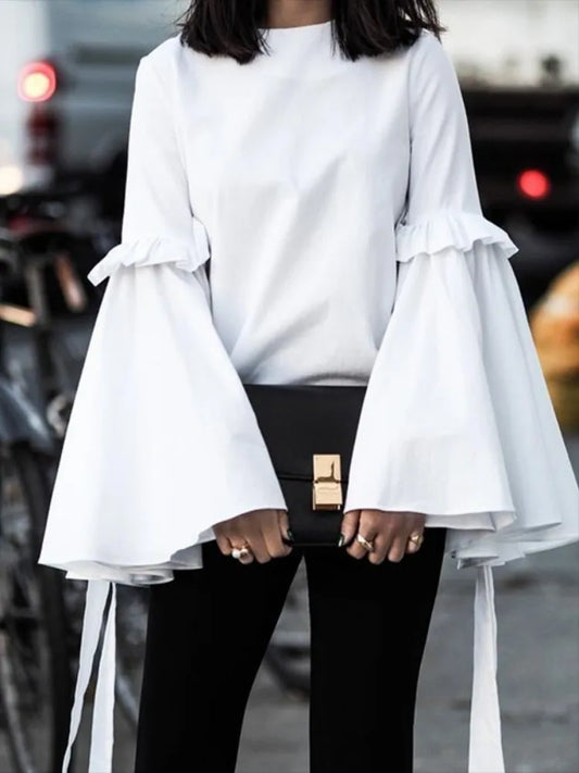 Women's Spring New Solid Color T-shirt Round Neck Split-joint Flared Sleeves Loose Fit Shirt Top
