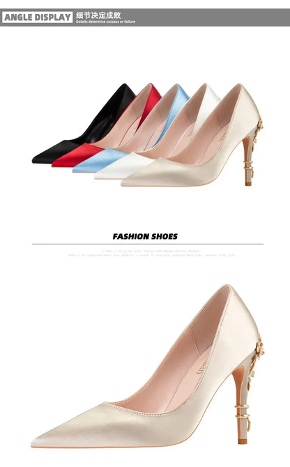 Women's Metal Flowers Stiletto High-heel Shoes Female  Light Luxury Wedding Shoes Pointed Toe