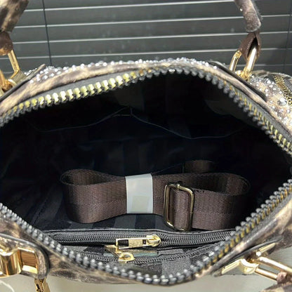 Ladies' fashionable and gorgeous diamond studded tote bag with leopard pattern and full diamond cylindrical handbag