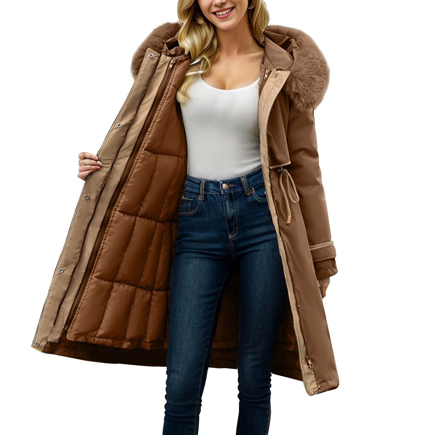 Women'S Winter Coat Parkas Detachable Patchwork Cotton Winter Long Hooded Thickened Cotton Coat