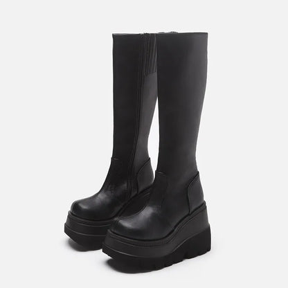Wedge-heeled Mid-tube Boots Ladies Gothic Style Thick-soled Motorcycle Boots