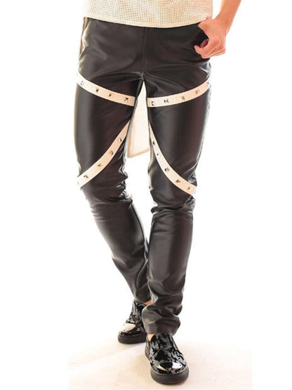 Men's Gothic Rock Punk Biker Slim Faux PU Leather Patchwork Studded Stretch Trousers