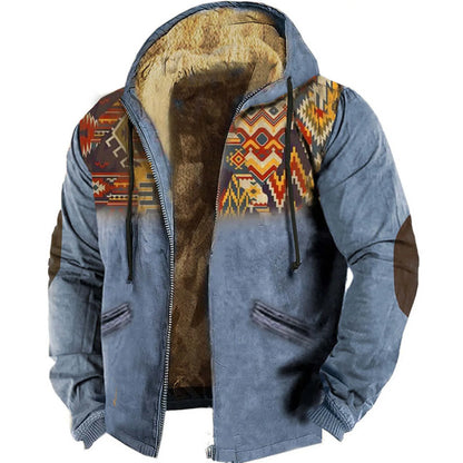 Men's Lamb Wool Jacket Fashion Retro Print Hooded Zipper Fleece Lined Hoodie Plush Bomber Jacket