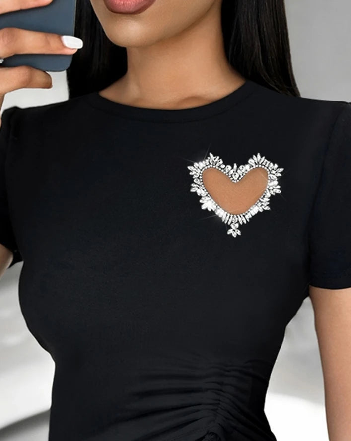 Women's T-Shirt Rhinestone Hollow Heart Drawstring T-Shirt Women Clothes Casual Short Sleeve O-neck
