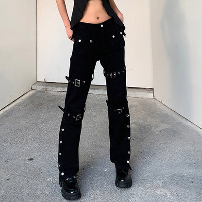 Gothic Punk Style Black Jeans Woman Streetwear Metal Buckle Hem Slit  Flare Pants for Women Y2K Vintage Straight Flared Pants