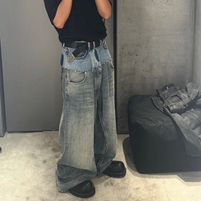 CUT-UP Double-layer Double Waist Patchwork Baggy Jeans for Men and Women Straight Casual Loose