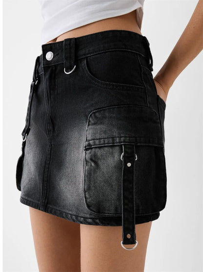 Women s High Waisted Denim Cargo Skirts with Side Pockets and Belt Loops Stylish A-line Mini Skirts for Casual Streetwear