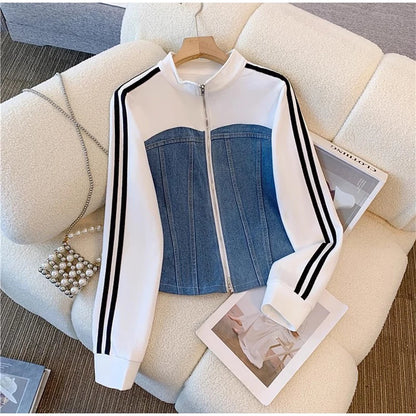 Women Preppy Style Patchwork Contrast Denim Sets Stand Collar Elastic Jeans 2 Piece Suit Streetwear Comfort