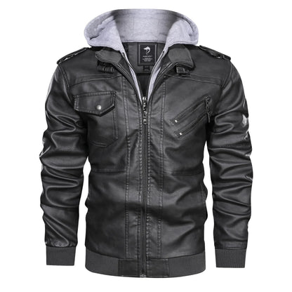 Motorcycle Leather Jacket Hat Detachable Men Hooded Slim Casual Coats