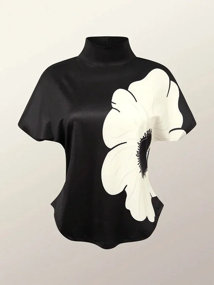 Fashion Flower Printed High Neck Basics Top Short Sleeves Skinny Casual Trendy T-shirts
