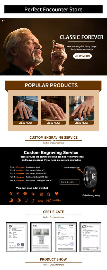 Mens 8MM Blcak Meteorite tungsten carbide ring fashion jewelry Men's wedding bands engagement Promise rings Comfort Fit Gifts