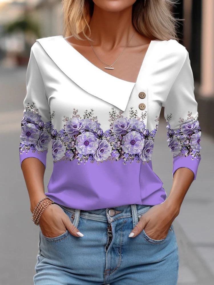 T Shirt For Women Fashion Long Sleeve Top White Floral Print Shirt