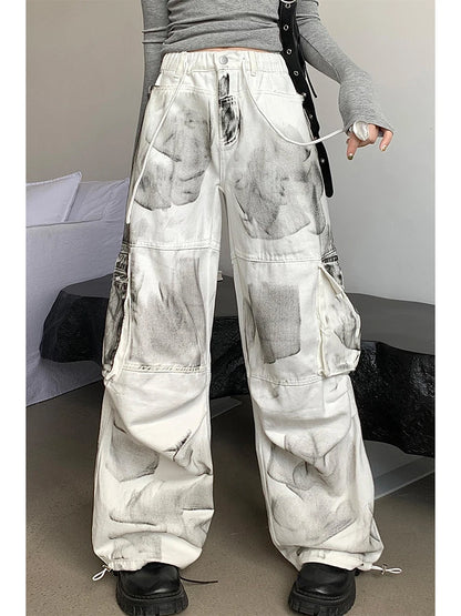 Women's White Cargo Jeans Baggy Vintage High Waist Cowboy Pants Harajuku Aesthetic Tie-Dyed Denim Trousers 90s Y2k Clothes 2024
