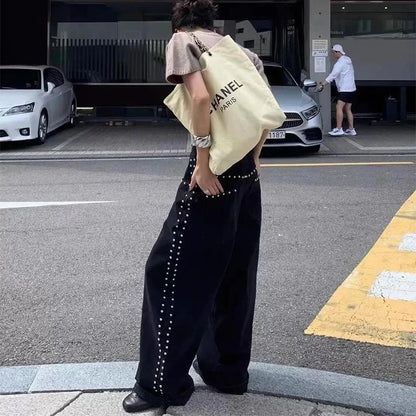 Metal Rivet Wide Leg Jeans Trousers Baggy Low Rise Pockets Denim