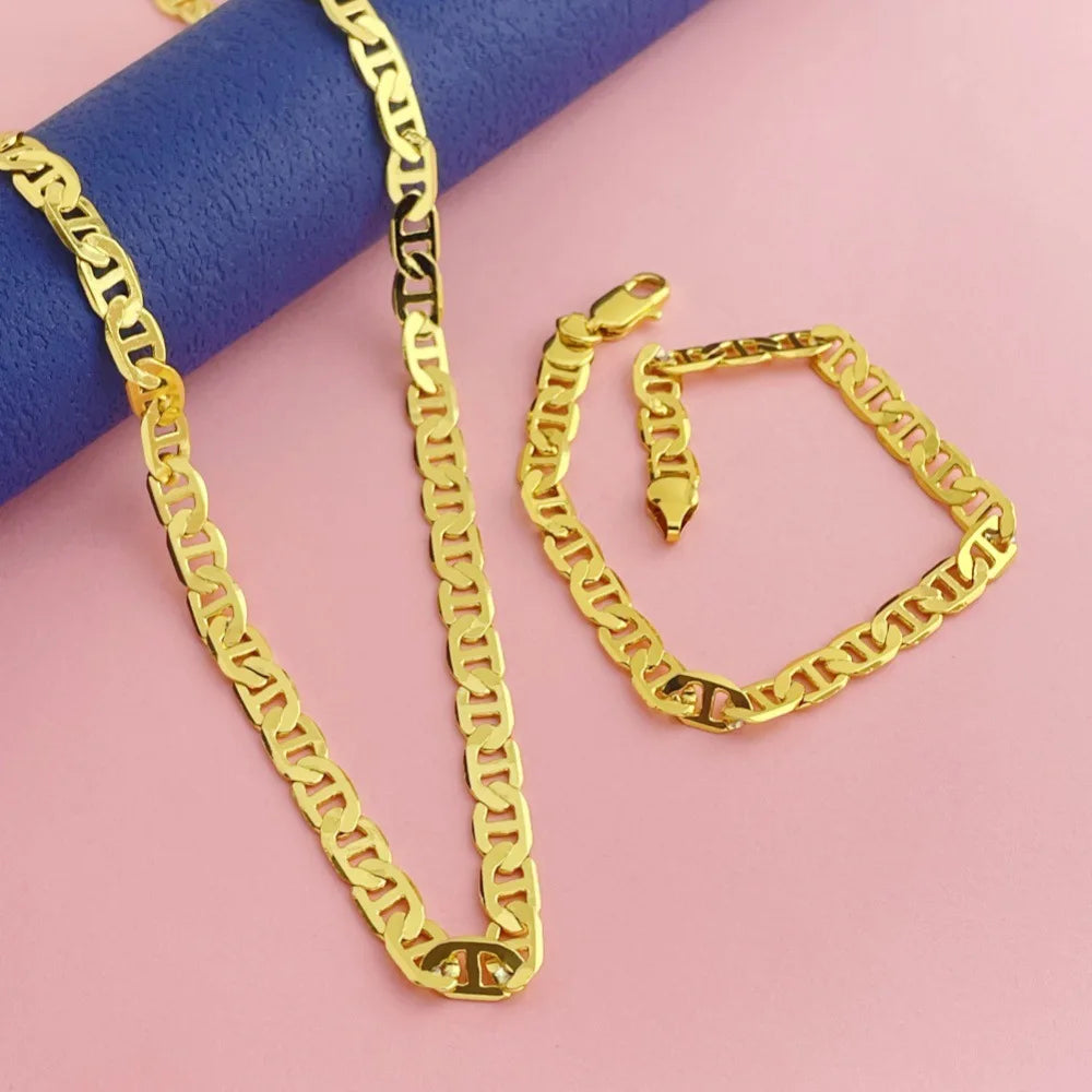 Luxury 24K 9999 Pure Gold real gold Men's Women's 6mm Cuban Necklace Bracelet Set