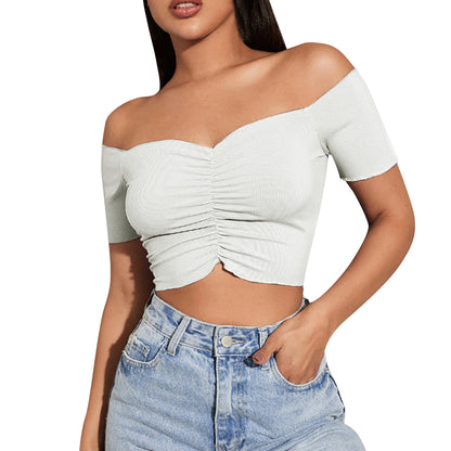 Off Shoulder Pleated Shirt Crop Tops Casual Black T-shirt V Neck