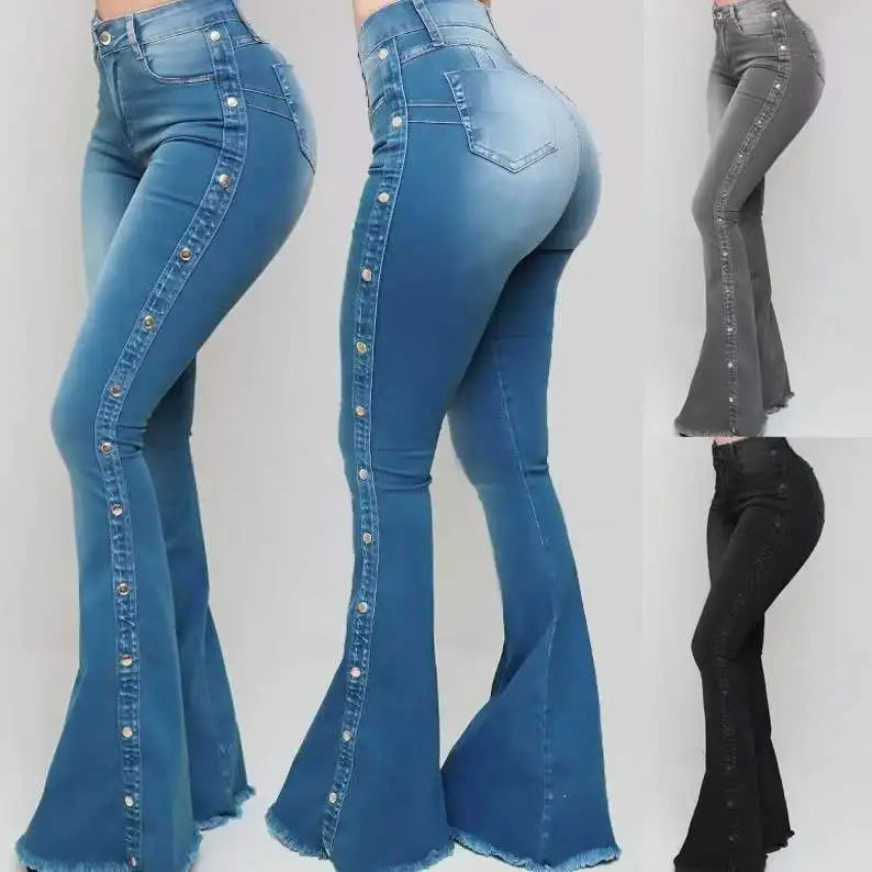 High Waist Strecth Denim Flare Pants Female Floor Length