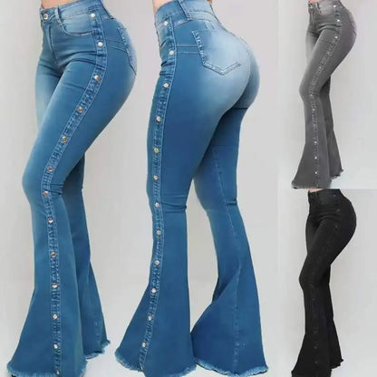 High Waist Strecth Denim Flare Pants Female Floor Length