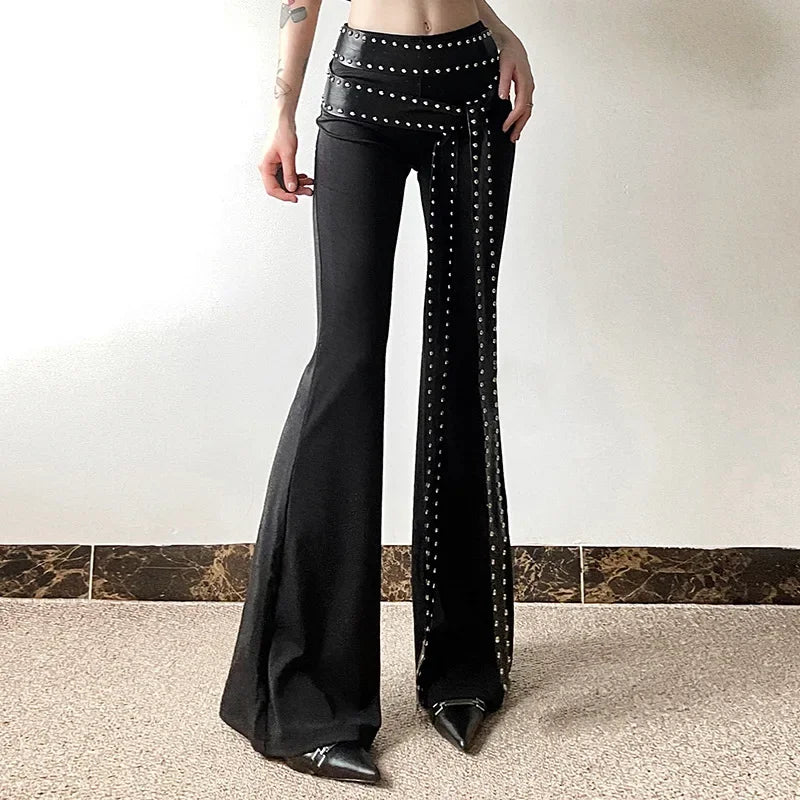 Punk Grunge Hoge Taille Flare Broek Effen Alt Streetwear Vrouwen Mall Gothic Casual Broek Met Kunstleer Riemen Slank