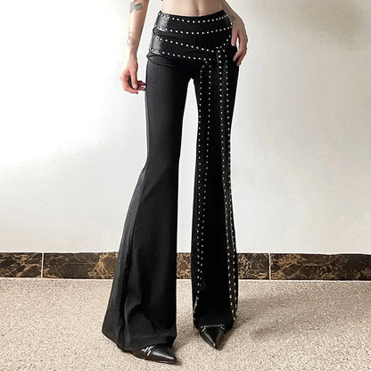 Punk Grunge Hoge Taille Flare Broek Effen Alt Streetwear Vrouwen Mall Gothic Casual Broek Met Kunstleer Riemen Slank