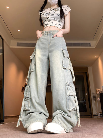 Women's Blue Multi Pocket Cowboy Pants Cargo Y2K Japanese Harajuku Streetwear Aesthetics Retro 90S Jeans Pants Clothing 2025 New