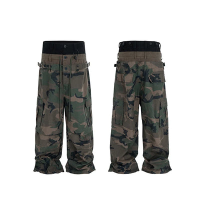 CUT-UP Double-layer Double Waist Patchwork Baggy Jeans for Men and Women Straight Casual Loose