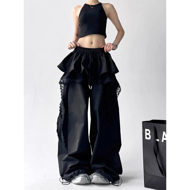 Y2K Black Cargo Pants Women Lace Patchwork White Wide Leg Pants