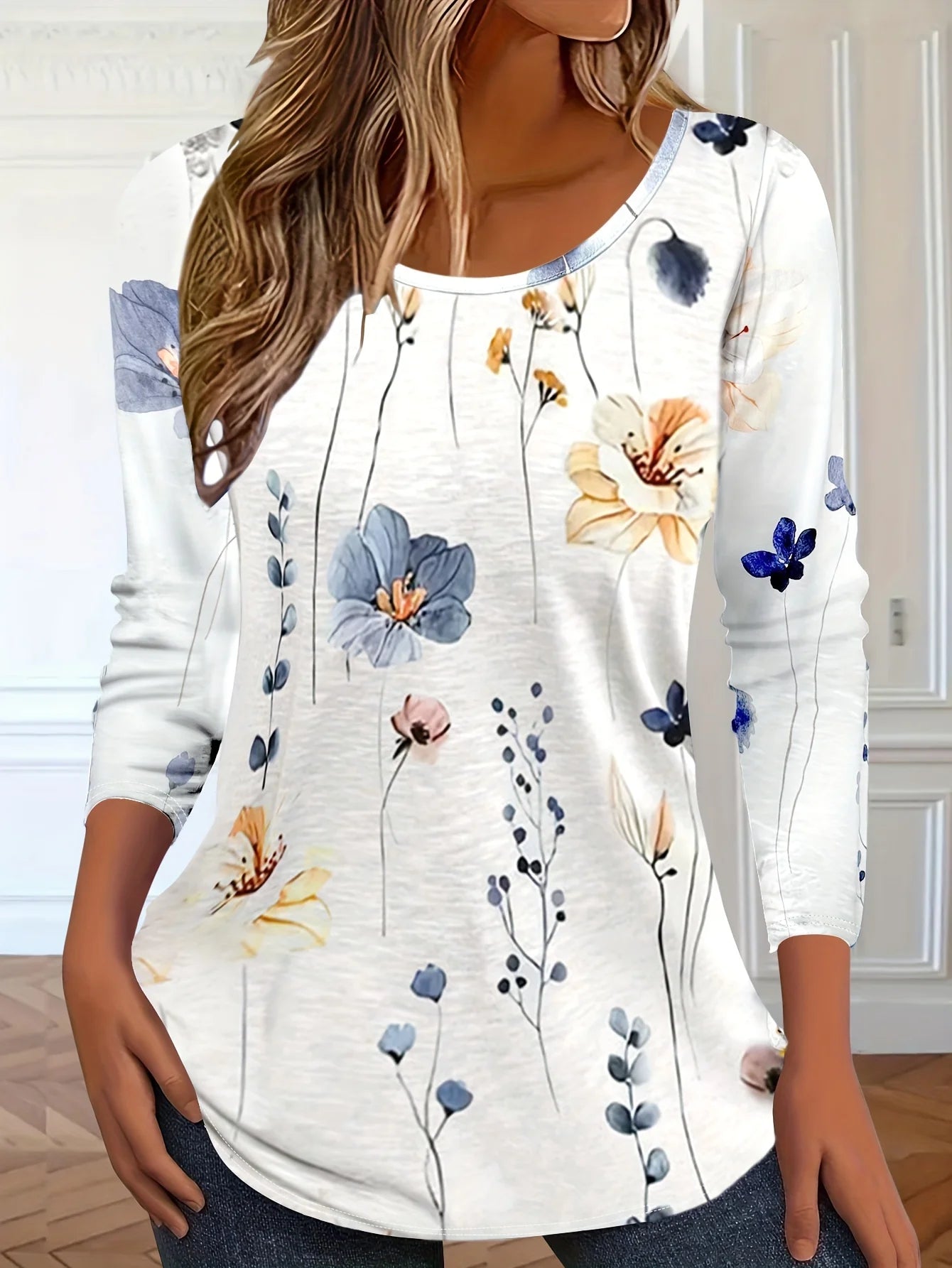 Vibrant Floral 3D Print O-Neck Long Sleeve T-Shirt Casual y2k