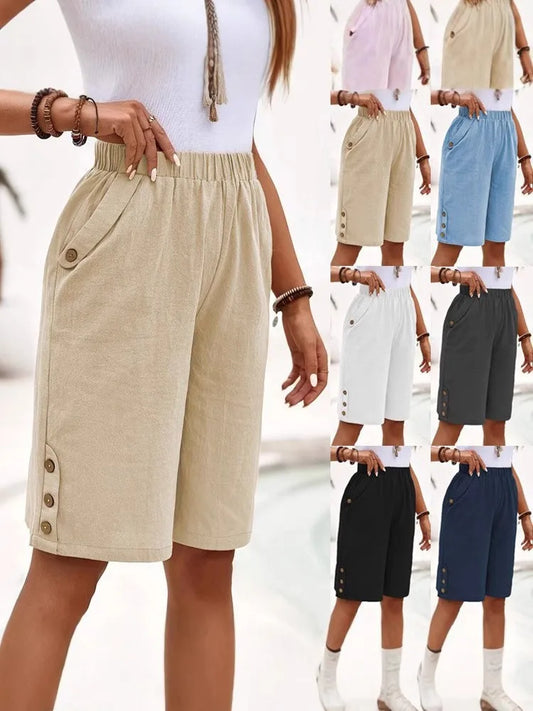 2025 new shorts, cropped pants, cross-border European and American women's clothing, solid color casual pants, straight leg pant