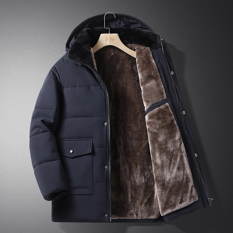 Men Mid-Length Thick Warm Waterproof Hooded Parka Windbreaker Military Fleece