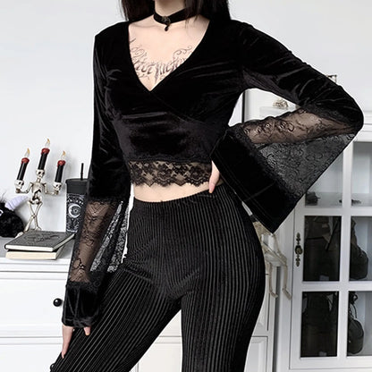 Gothic Lace Shirts Hollow Flare Long Sleeve V Neck Black Tops Retro Shirt