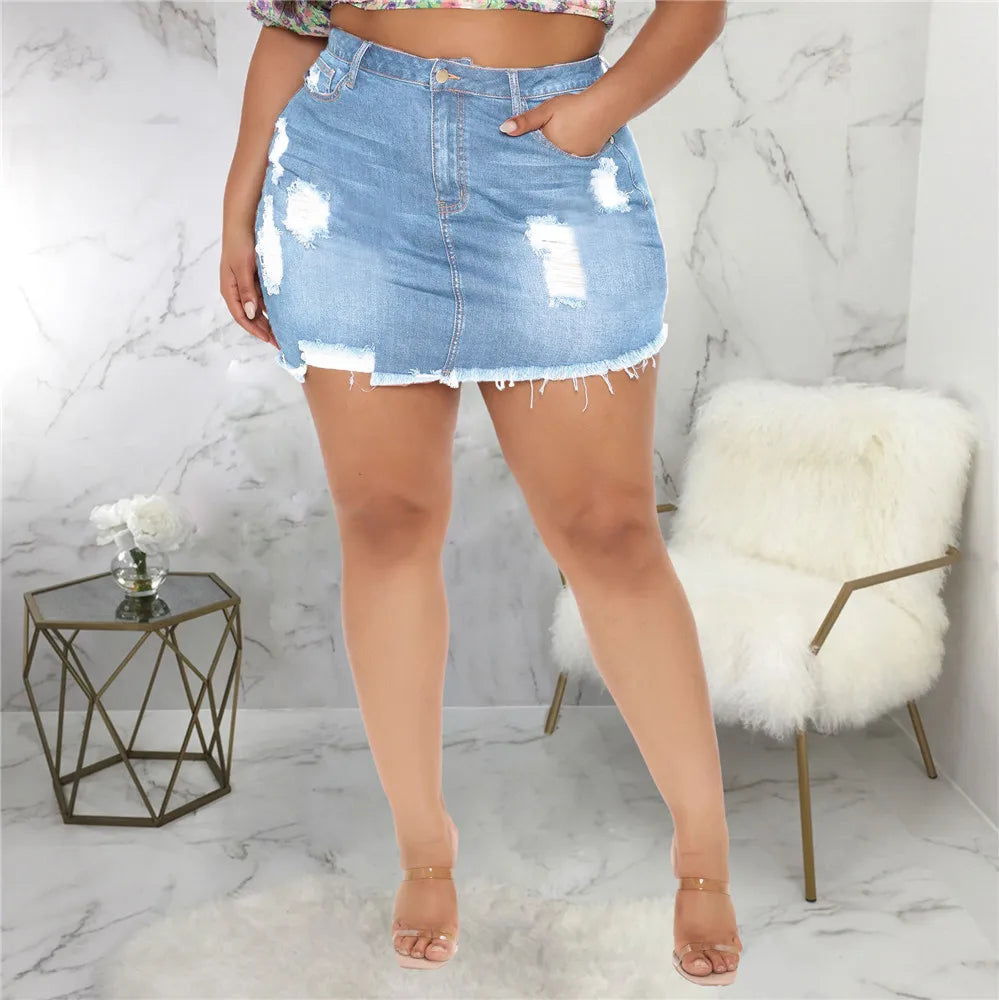 Plus Size Skirts Jeans Women Medium Stretch Above Knee Denim Mini Wrap Skirt