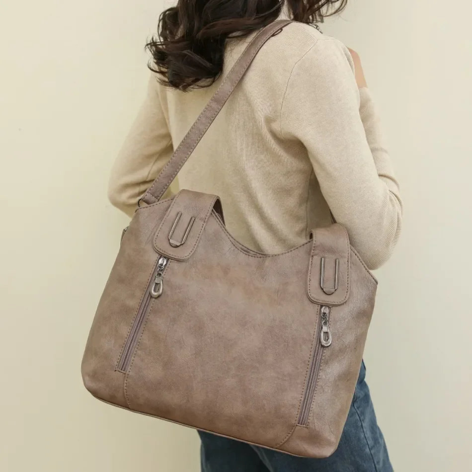 Solid Color Handbag Soft Leather Tote Bag Casual Big Shoulder Messenger Bags