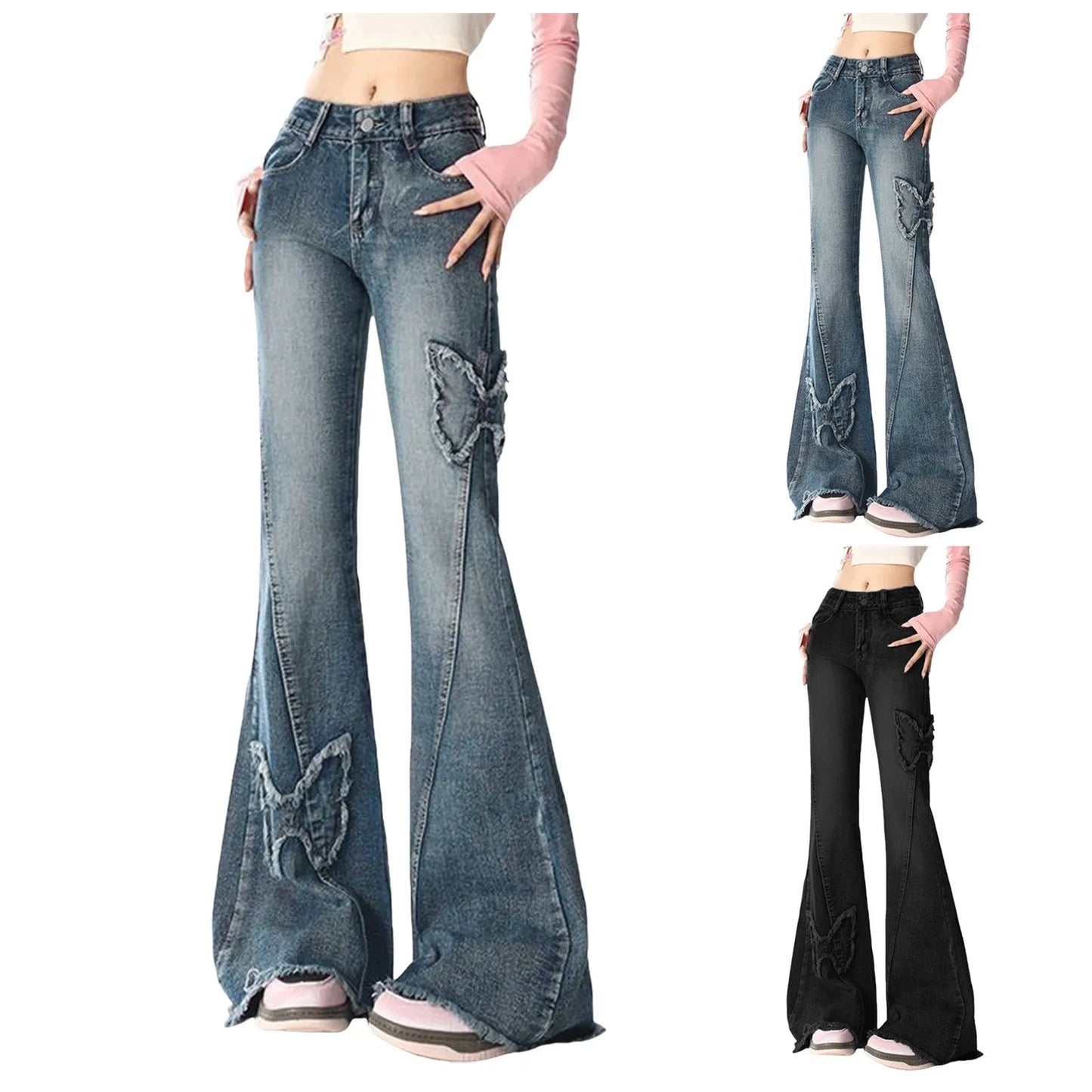 Y2k High Street Flare Jeans Retro Punk High Waist Wide Frayed Butterfly Low Rise