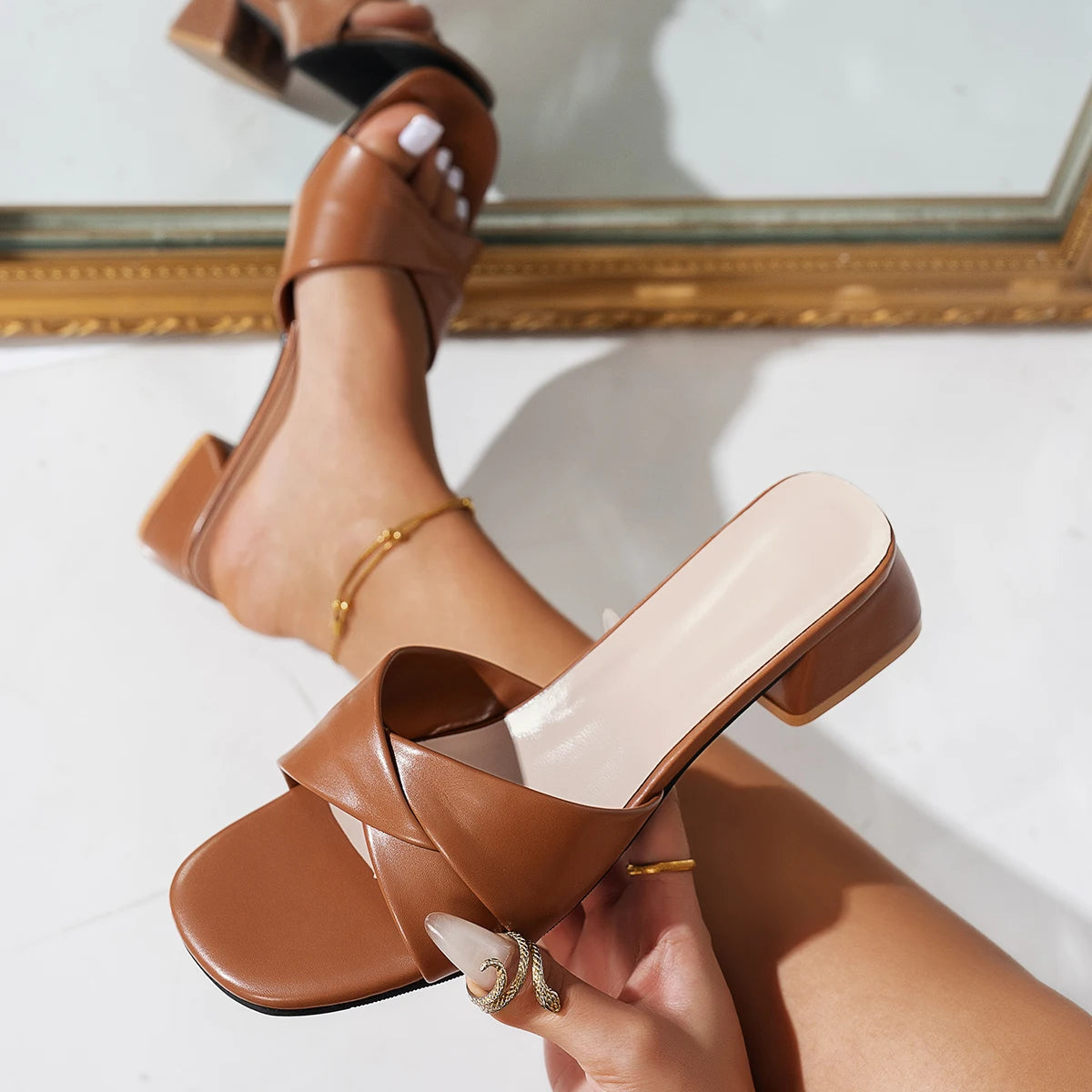 Fashion Open Toe Solid Color Surface Versatile Candy Color Square Heel Slippers Women's Sandals