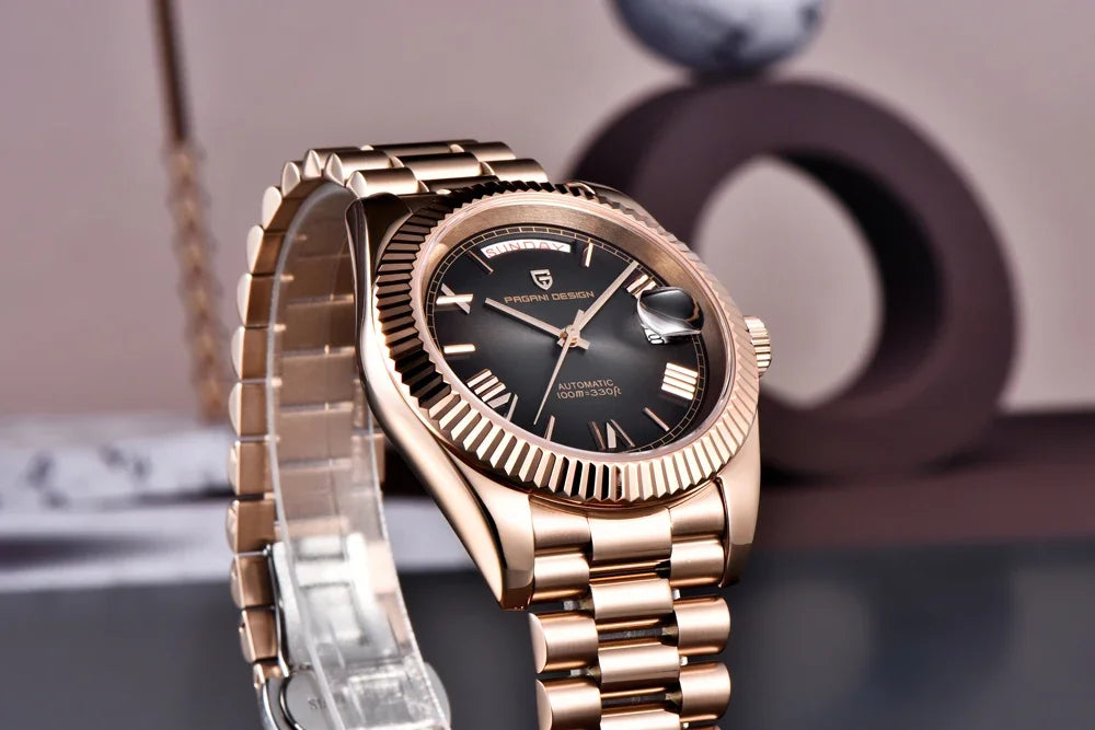Rose Gold Luxury Automatic Watch For Men Mechanical Wristwatches Sapphire Mirror Clock Gift Man