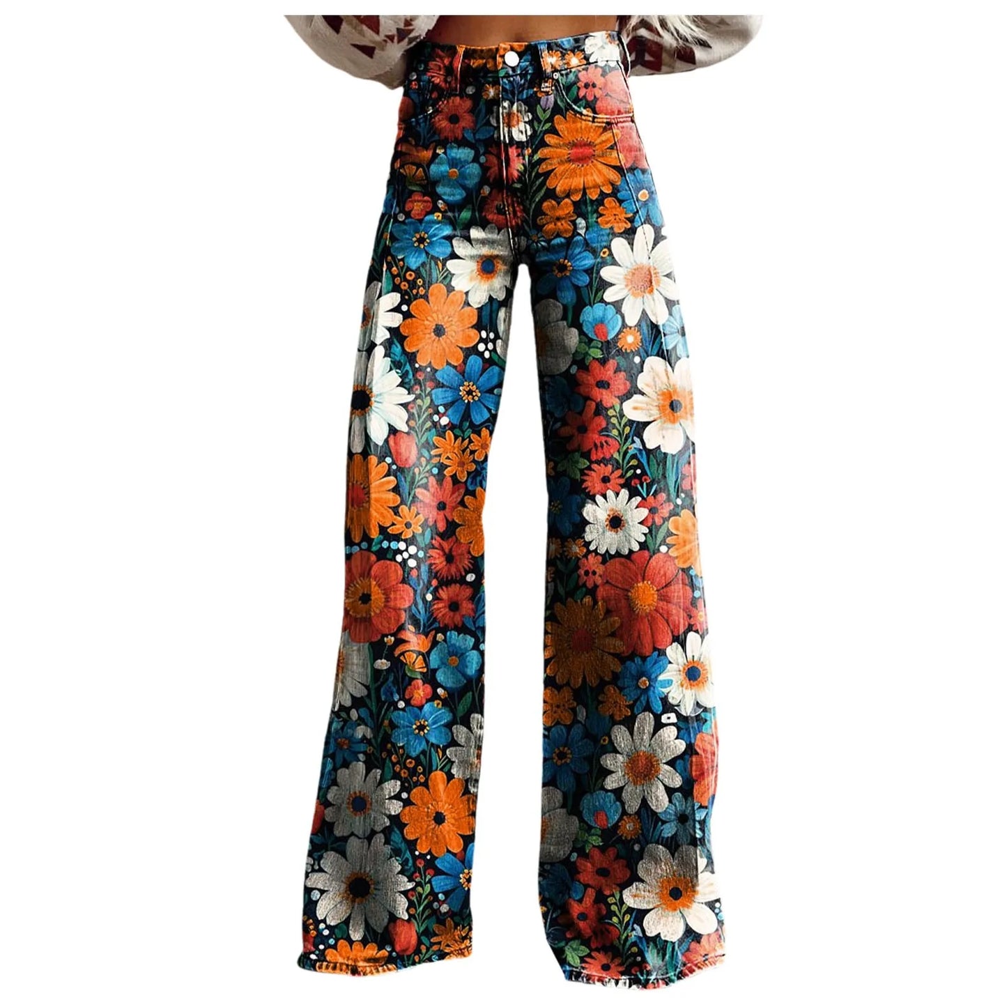 Wide Leg Jeans High Waisted Casual Floral Printed Trousers