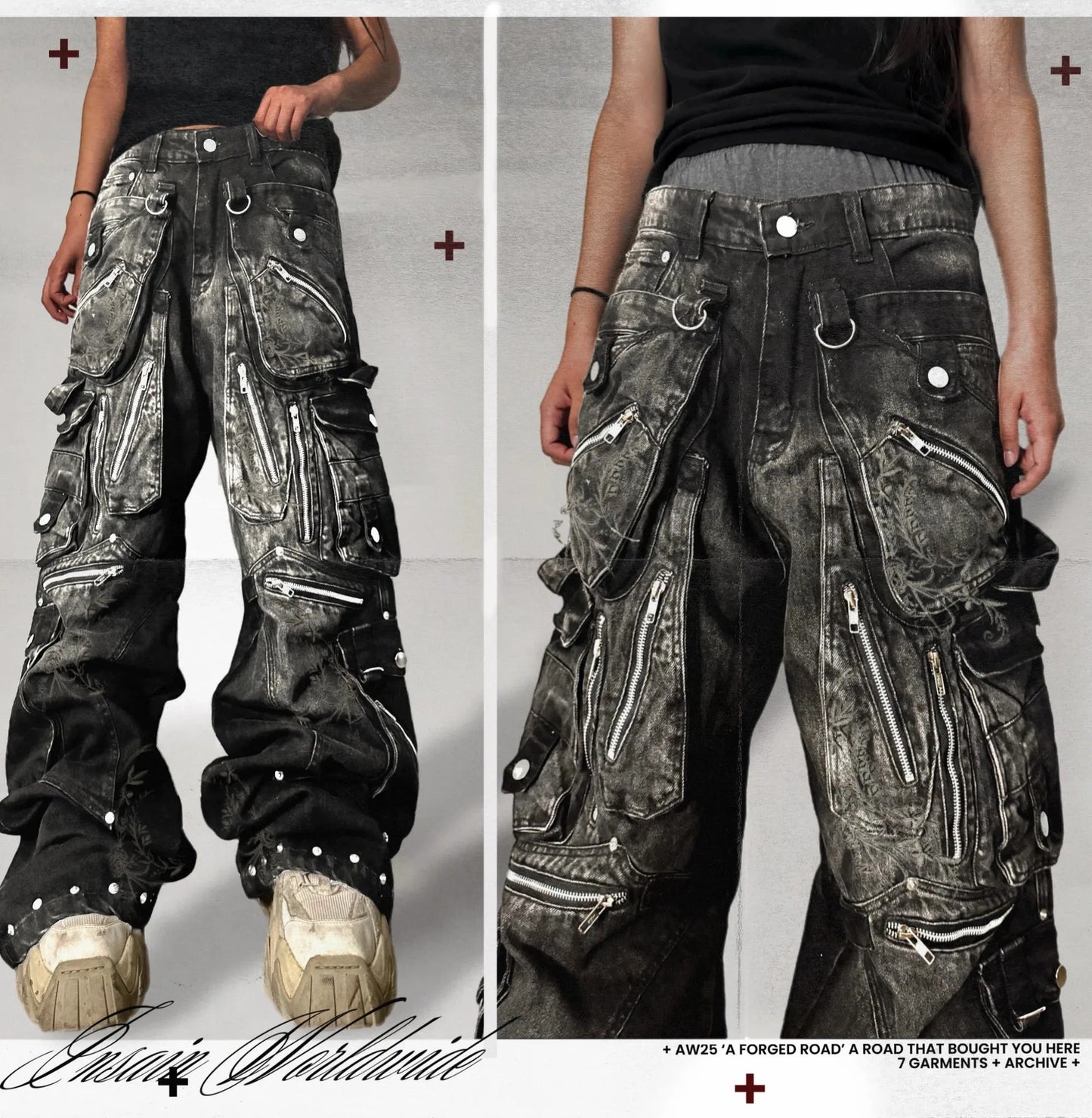 Y2K Streetwear Gothic Cargo Baggy Jeans Oversized Multi Pocket Wide Leg Pants with Zippers Straps Ripped Distressed Men Womens