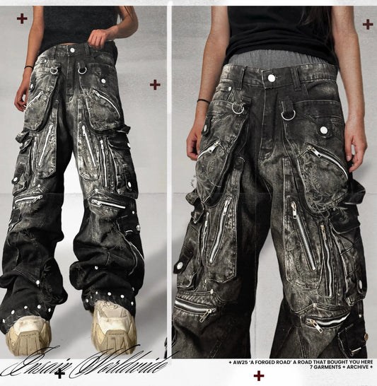 Y2K Streetwear Gothic Cargo Baggy Jeans Oversized Multi Pocket Wide Leg Pants with Zippers Straps Ripped Distressed Men Womens