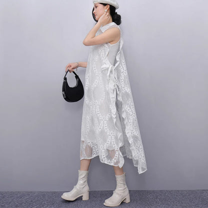 Solid Black White Sleeveless Black Lace Dress Loose Fit Button Up Gorgeous Casual Tank