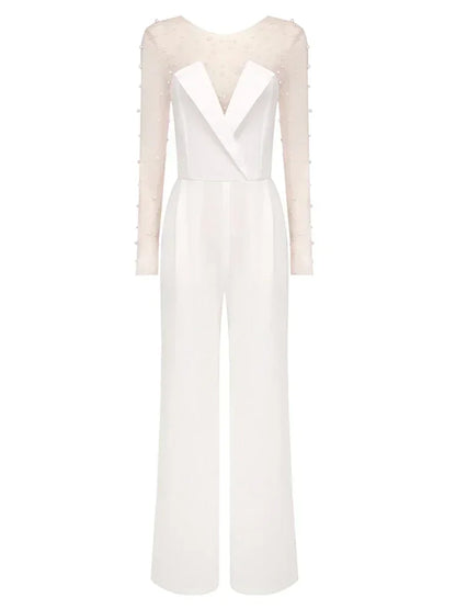 Mesh Pearl Beaded Bodysuits+Strapless Jumpsuit Two piece Sets Women White Jumpsuit Suits Evening