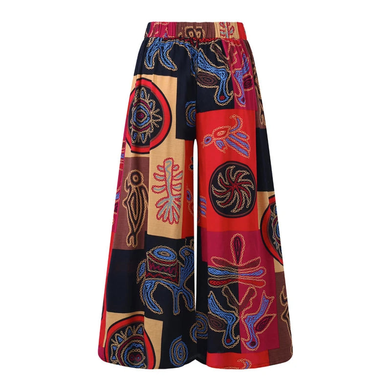 Women Elastic Pants Waist Loose Casual Print Wide Leg Pants Slim Elasticated Trousers Mid Waist