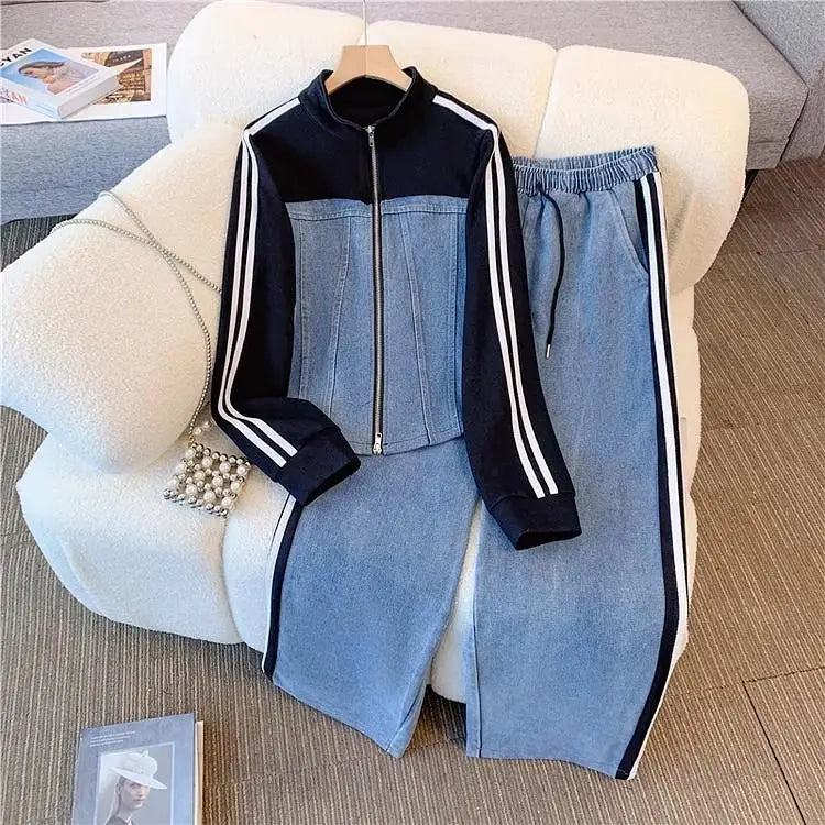 Women Preppy Style Patchwork Contrast Denim Sets Stand Collar Elastic Jeans 2 Piece Suit Streetwear Comfort