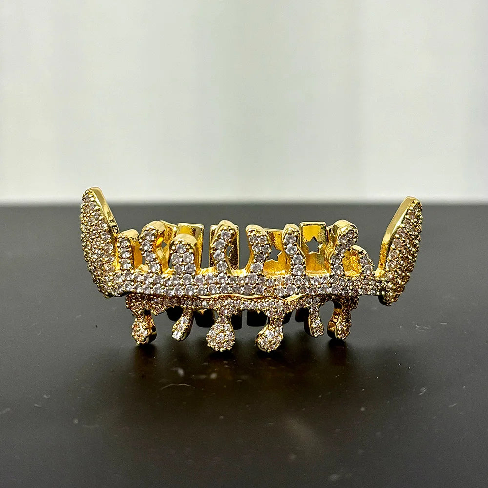 Flame CZ Stone Teeth Grillz Dental Grill 14K Gold Plated Waterdrop Zircon Tooth Cap Silver Bottom Silver Set Silver Top Silver Bottom-Silver Set-Silver Top-Gold Top-Gold Bottom-Gold Set-