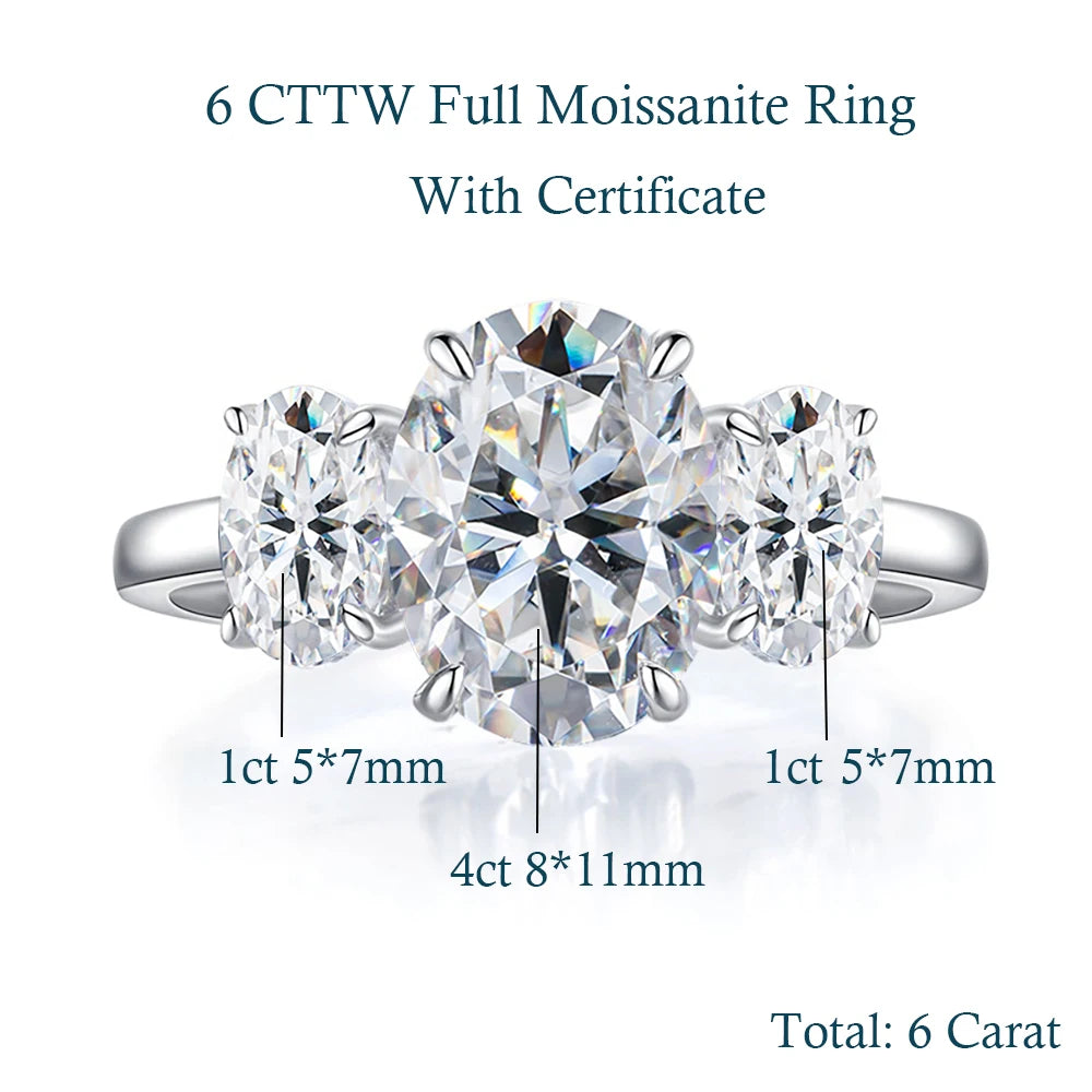 3/6 Carat Oval Cut Moissanite Engagement Rings 3-Stone Lab Diamond 925 Sterling Silver Wedding Rings Band for Women Fine Jewelry