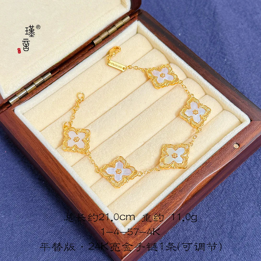 Gold Shop 24K real gold lucky grass bracelet ins niche design high-end au999 real gold bracelet new shell hand jewelry