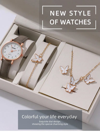 6Pcs Sets Luxury White Leather Analog Ladies Quartz Wrist Watch Butterfly Design Earring Bracelet Necklace