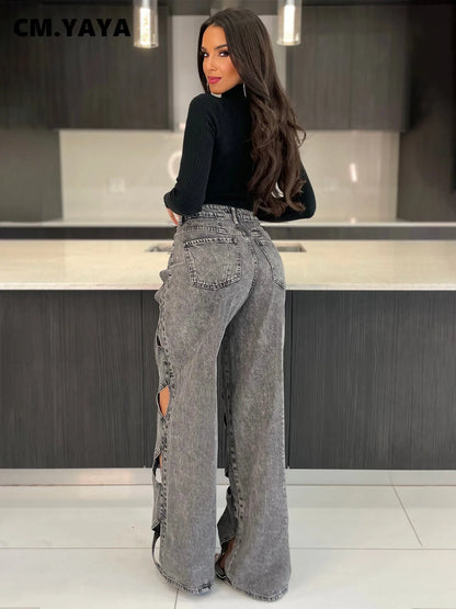 Vintage Cutout Hollow Out Criss Cross Straight Denim Pants High Waist Wide Leg Jeans Trousers